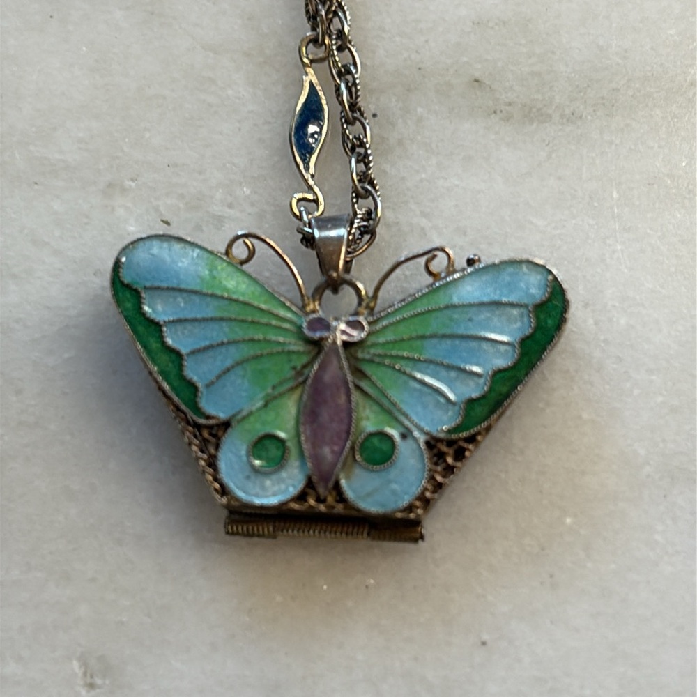 Vintage Chinese Cloisonné butterfly necklace, stamped silver (china) - Picture 4 of 10